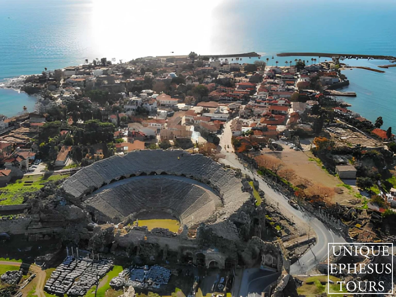 side-roman-amphitheater-aerial-view-mediterranean-coastal-ruins-turkey